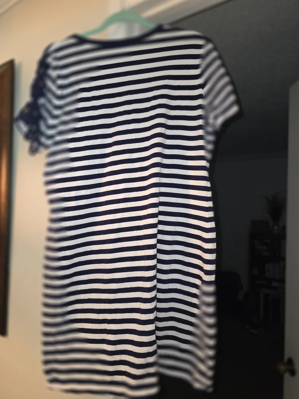 Michael Kors Navy and White Striped Dress with Eyelet Lace-Up Sleeve